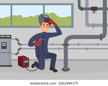 Male professional welder at work. Worker in protective mask and gloves welding metal pipes cartoon vector