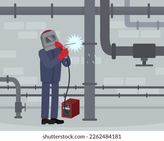 Male professional welder at work. Worker in protective mask and gloves welding pipeline cartoon vector