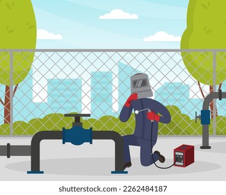 Male professional welder at work. Worker in protective mask and gloves using welding machine cartoon vector