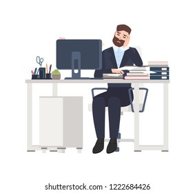 Male professional worker or clerk sitting at desk completely covered with documents. Tired or exhausted man working at office. Busy businessman. Colorful vector illustration in flat cartoon style.