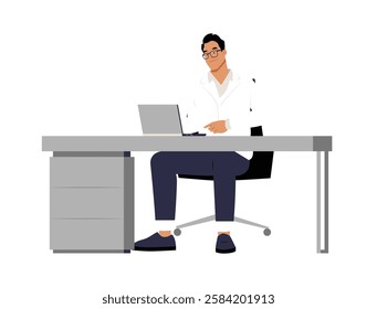  Male Professional Working On Laptop At Office Desk, Flat Vector Illustration Symbolizing Productivity, Workplace, And Business, Isolated On White Background