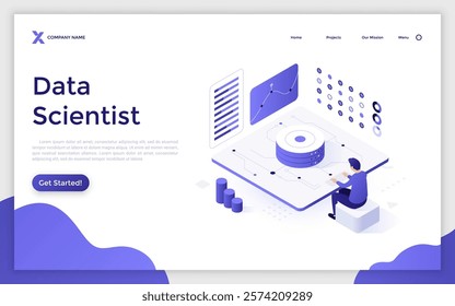 Male professional working with virtual information assets at desk. Data scientist landing page isometric template. Researching projects with big data creative 3d vector illustration for web page