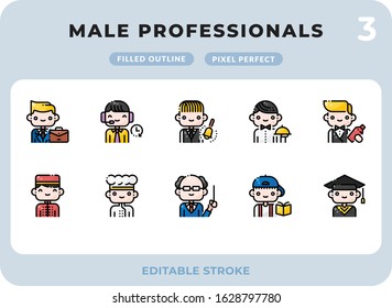 Male Professionals Career Filled Icons Pack for UI. Editable Stroke. Pixel perfect thin line vector icon set for web design and website application.
