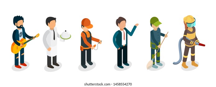 Male professionals isolated on white background. Isometric musician, fireman, waiter, electrician, janitor vector characters. Electrician and fireman, professional engineer illustration