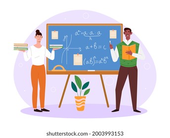 Un profesor de matemáticas imparte clases en la universidad. Concepto de educación matemática con estudiantes que estudian matemáticas, profesor universitario que da clases de matemáticas. Ilustración vectorial de dibujos animados planos