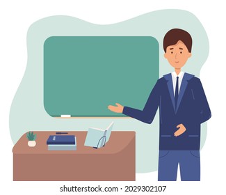 male professor, teacher. Teacher teacher showing on board. Vector illustration,cartoon, flat. College class or university teacher in classroom. Academic physics teaching of english sociology math