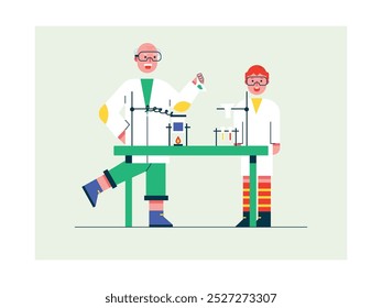 Professor e aluno do sexo masculino vestindo casaco branco e óculos em laboratório, estudando ciência. Personagem de design. Ilustração plana vetorial.