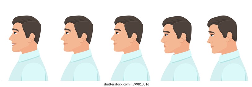 Male profile avatar expressions set. Man facial profile emotions from sadness to happiness.