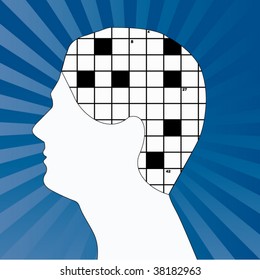 male profile with crossword for brain (move black squares and numbers as you wish)