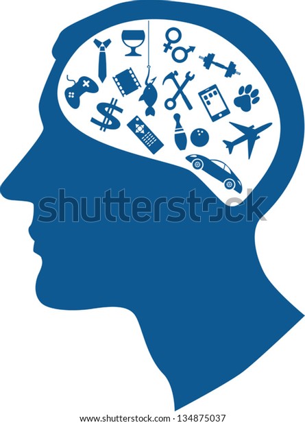 Male profile\
filled with assorted symbols of men\'s interests representing male\
mind or way of thinking