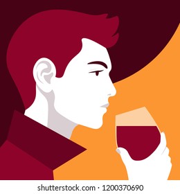 Male profile with a glass of wine. Portrait of a sommelier. Winemaking Vector flat illustration