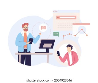 Male programmer accepts application from client. Professional developer work at customer service support. Technical specialist of helpline. Analyzing planning process website workflow cartoon vector