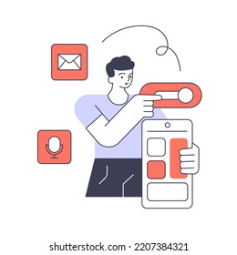 Male programmer adding turn on mail and microphone mobile application to phone software vector flat illustration. Man developer digital interface function automation programming technology process