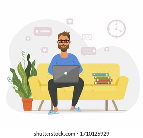 A male programmer with a beard works at a computer, laptop, sitting on the sofa in slippers. Remote work in the home office. IT specialist freelancer, student. Colorful vector illustration in flat.