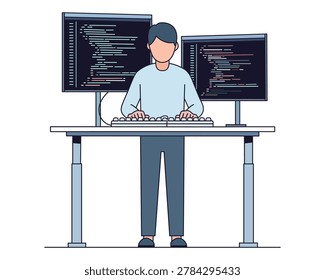 Male Programmer Developer Working at Dual Monitor Computer Setup Flat Vector Illustration