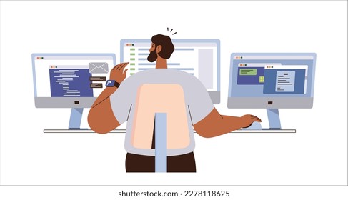 Male programmer freelancer working on multi display computer workspace vector illustration. Overworked man software developer remote worker writing scrip on pc screen. Programming and coding concept