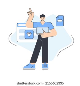 Male programmer having innovation idea working with database coding process use laptop vector flat illustration. Man coder analyzing data computing connection cyberspace network information