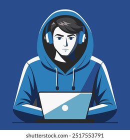 Male programmer with headphones and laptop