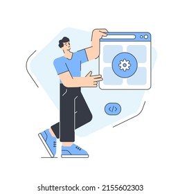 Male programmer internet browsing software development service vector flat illustration. Coding process script technology server application online connection platform information data integration