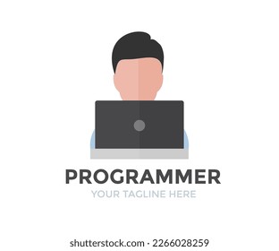 Male programmer with laptop  logo design. Person Profile, Avatar Symbol, Male people icon. Male professional programmer vector design and illustration.