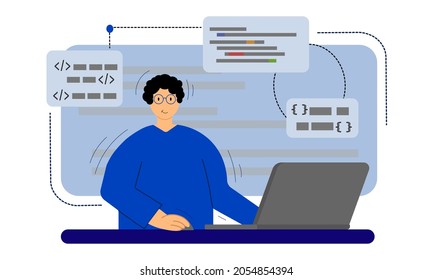 Programador masculino.  Una persona está trabajando en una computadora. Popular estilo plano. Diseño Y Desarrollo. 