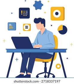 Programador masculino sentado en un escritorio escribiendo código en una computadora portátil. Ilustración vectorial plana en estilo Corporativa de Memphis. Desarrollo de software, tecnología y concepto de trabajo remoto aislado sobre fondo blanco