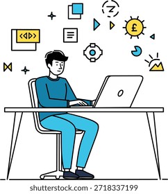 Programador masculino sentado en un escritorio escribiendo código en una computadora portátil. Ilustración vectorial plana en estilo Corporativa de Memphis. Desarrollo de software, tecnología y concepto de trabajo remoto aislado sobre fondo blanco