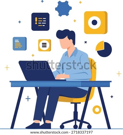 Male programmer sitting at a desk typing code on a laptop. Flat vector illustration in Corporate Memphis style. Software development, technology, and remote work concept isolated on white background