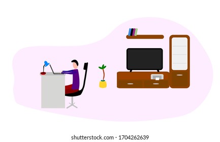Male programmer sitting at desk and using laptop. Freelancer works from home and sits in his room. Remote work due to coronavirus epidemic.