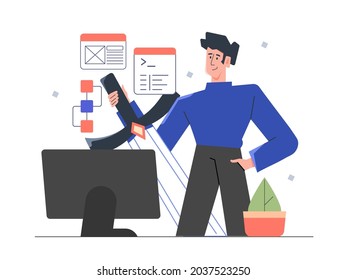 Männlicher Programmierer, Tester mit einem riesigen Schwert vor einem Computerbildschirm. Entwicklung eines Programms, einer Website, Suche nach Schwachstellen. Spezialist für Technik. Vektorflache Illustration.