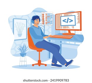 A male programmer uses headphones and a microphone in front of the computer. Developing software while working at home. Software developers concept. Flat vector illustration.
