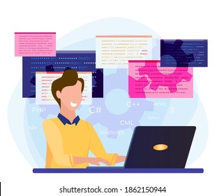 Male programmer at work, codes in front of the computer.