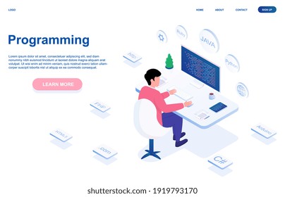 Male programmer is working on computer. Young man is sitting in white office and programming alone. Website, web page, landing page template. Isometric cartoon vector illustration