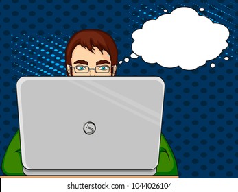 A male programmer works for laptops. IT staff at the computer. Pop art vector illustration. Imitation of the cosiness of style. Text bubble.