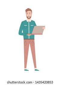 Male programming on laptop vector, person with computer and information on sites isolated bearded man. Manager of company, director boss flat style