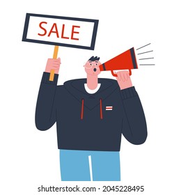 Male promoter announcing a sale, holding a poster that says sale and speaking into a megaphone vector flat illustration. Announcement, advertisement isolated flat vector