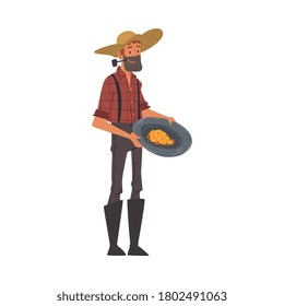 Male Prospector, Bearded Gold Miner Character Wearing Vintage Clothes and Hat Panning Golden Sand and Prills Cartoon Style Vector Illustration