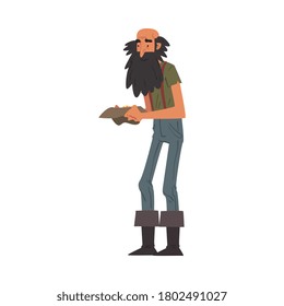 Male Prospector Holding Hat full of Golden Sand and Prills, Bearded Gold Miner Wild West Character Wearing Vintage Clothes Cartoon Style Vector Illustration