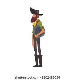 Male Prospector with Pan, Mature Bearded Gold Miner Character Wearing Vintage Clothes Cartoon Style Vector Illustration