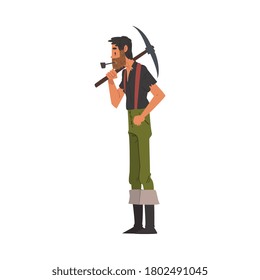 Male Prospector with Pickaxe, Bearded Gold Miner Wild West Character Wearing Vintage Clothes Smoking Pipe Cartoon Style Vector Illustration