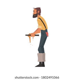 Male Prospector Sifting Golden Sand and Prills with Sieve, Bearded Gold Miner Character Wearing Vintage Clothes Cartoon Style Vector Illustration