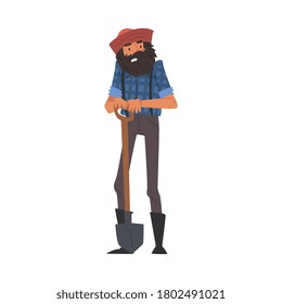 Male Prospector with Spade, Bearded Gold Miner Wild West Character Wearing Vintage Clothes and Hat Cartoon Style Vector Illustration