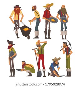 Male Prospectors Characters Set, Bearded Gold Miners Wild West Characters Wearing Vintage Clothes with Tools Cartoon Style Vector Illustration