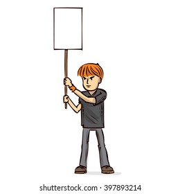 Male Protester with placard. Hand drawn cartoon vector illustration