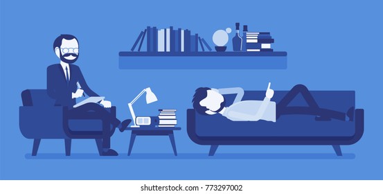 Male psychiatrist consulting. Medical practitioner treating patient on behavioral, mental health problems, office. Specialist to help with emotional disorders. Vector illustration, faceless characters