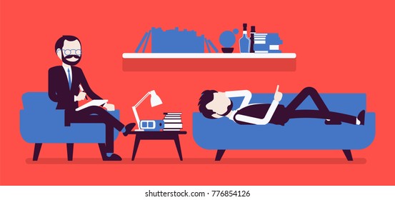 Male psychiatrist consulting. Medical practitioner treating patient on behavioral, mental health problems, office. Specialist to help with emotional disorders. Vector illustration, faceless characters