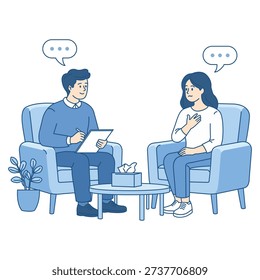 Male psychiatrist taking notes while listening to a concerned woman patient during a psychotherapy session in a clinic. Flat vector illustration