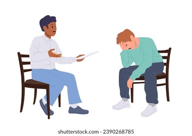 Male psychotherapist counseling man client with depression disorder during therapy session