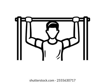 Male pull up workout black icon. Man hanging on pull up bar vector symbol. Workout vector icon for web graphic design. Vector illustration. Sport icon