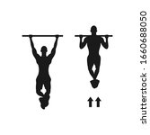 Male pull up workout steps silhouette. Man hanging on pull up bar. Gym workout. Healthy sport excercise. Calisthenics body building activity - Simple icon sign or symbol vector illustration.